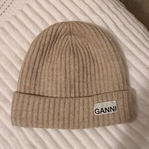 Ganni Beige Ribbed Knit Beanie